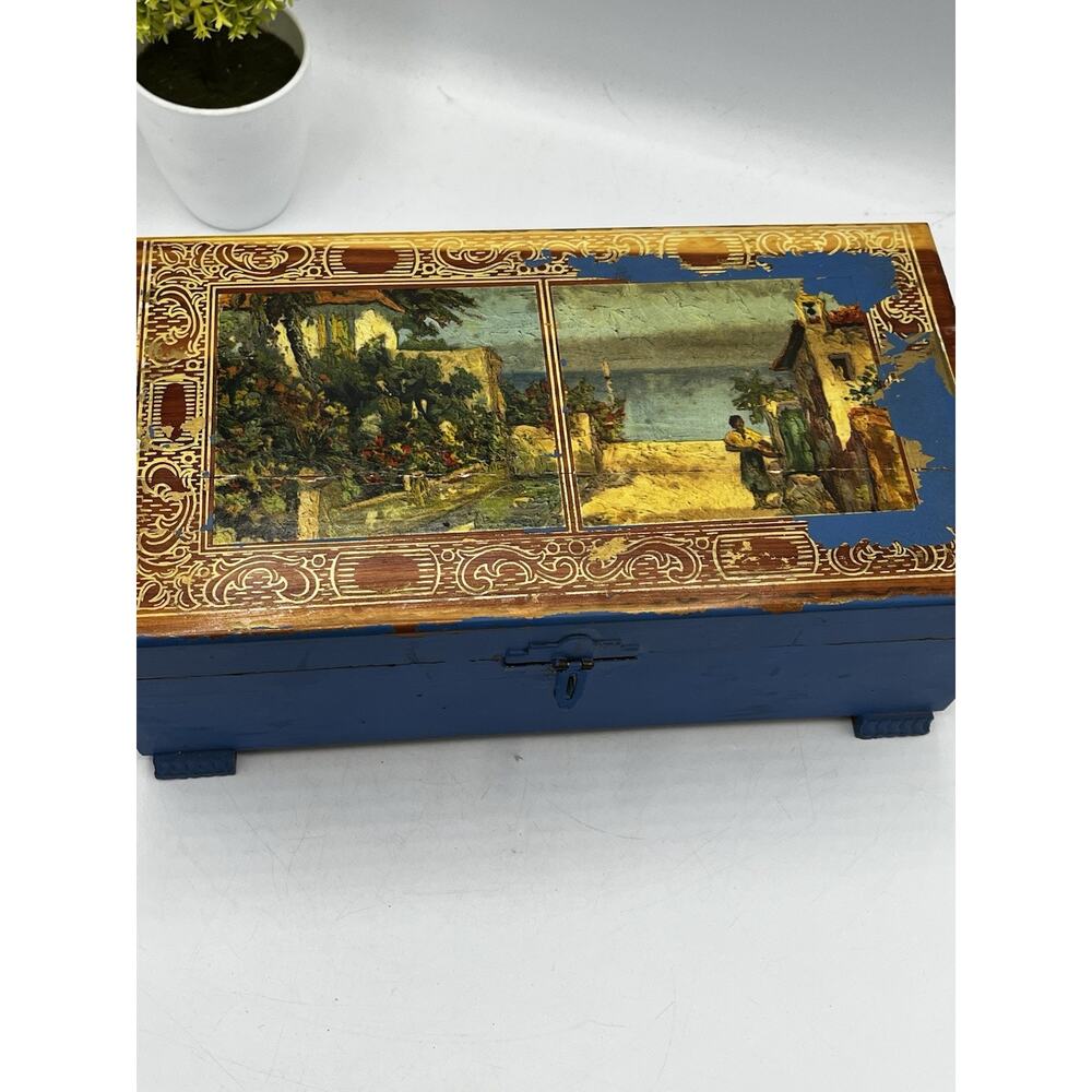 Vintage Cedar Wood Box Hinged Lid Decoupage Mediterranean Scene Blue Paint AS IS - Picture 2 of 14